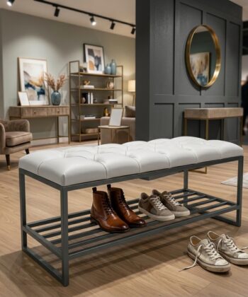 Custom Upholstered Hallway Bench with Metal Shoe Rack (6 Standard Sizes & Bespoke)