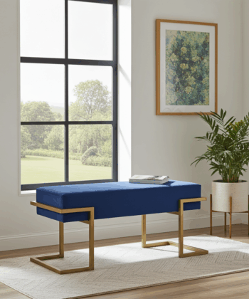 Axon Modern Blue Velvet Bench with Gold Metal Frame