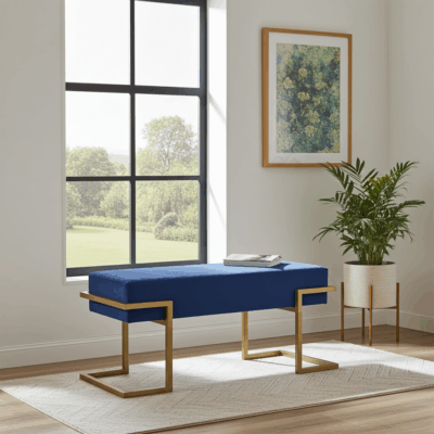 Axon Modern Blue Velvet Bench with Gold Metal Frame