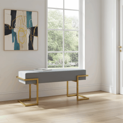 Axon Modern Grey Velvet Bench with Gold Metal Frame