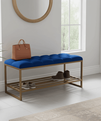 Royal Blue Velvet Bench with Gold Metal Shoe Rack