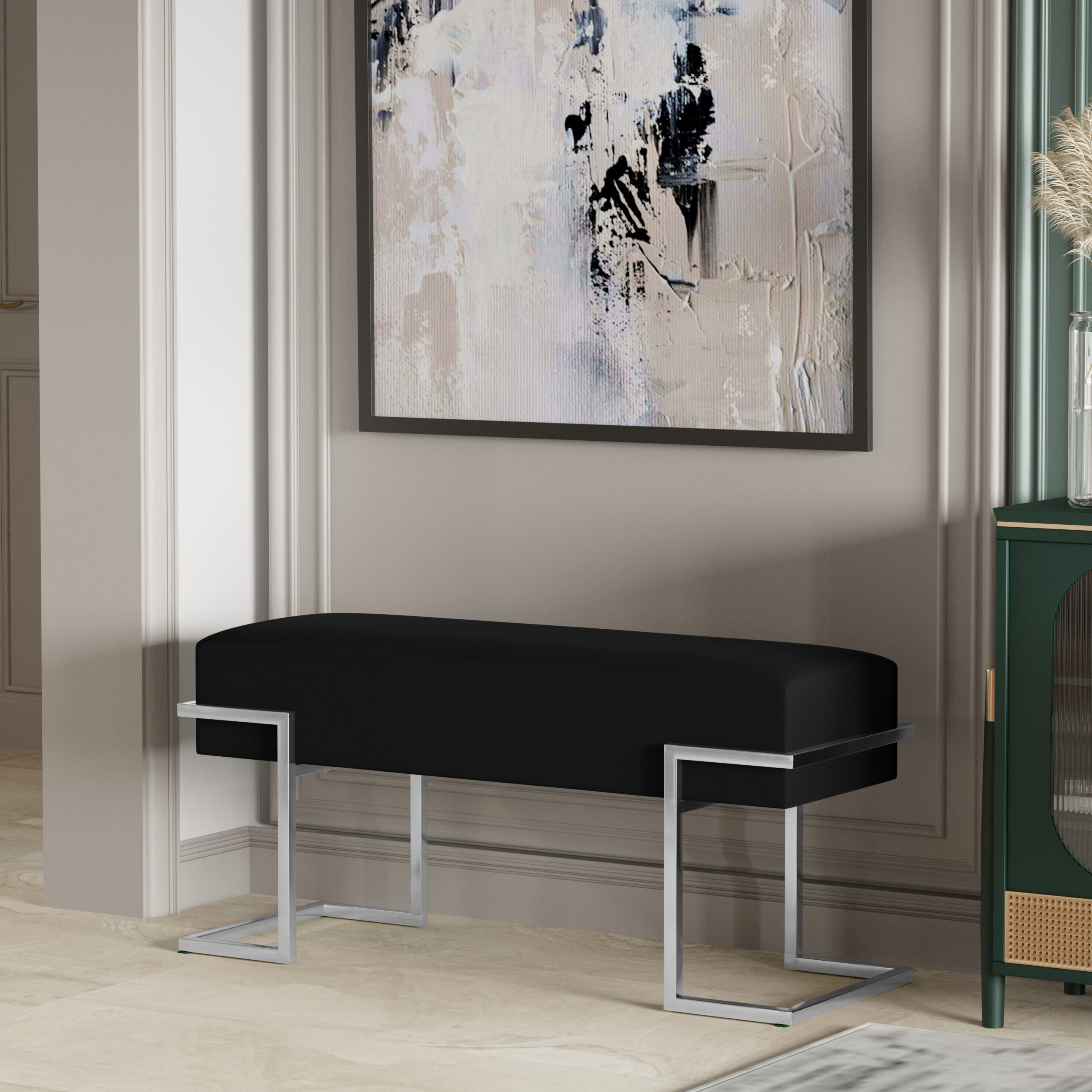 Axon Modern Black Velvet Bench with Black Metal Frame
