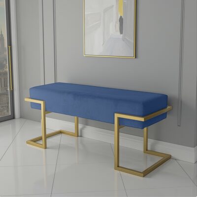Axon Modern Blue Velvet Bench with Gold Metal Frame