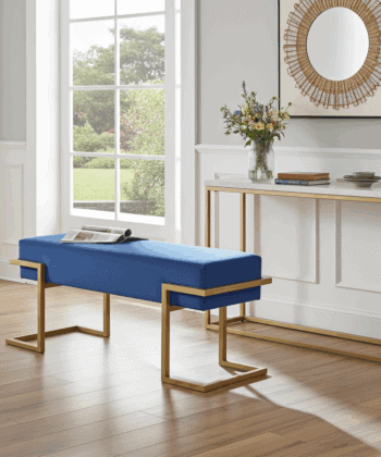 Axon Modern Blue Velvet Bench with Gold Metal Frame