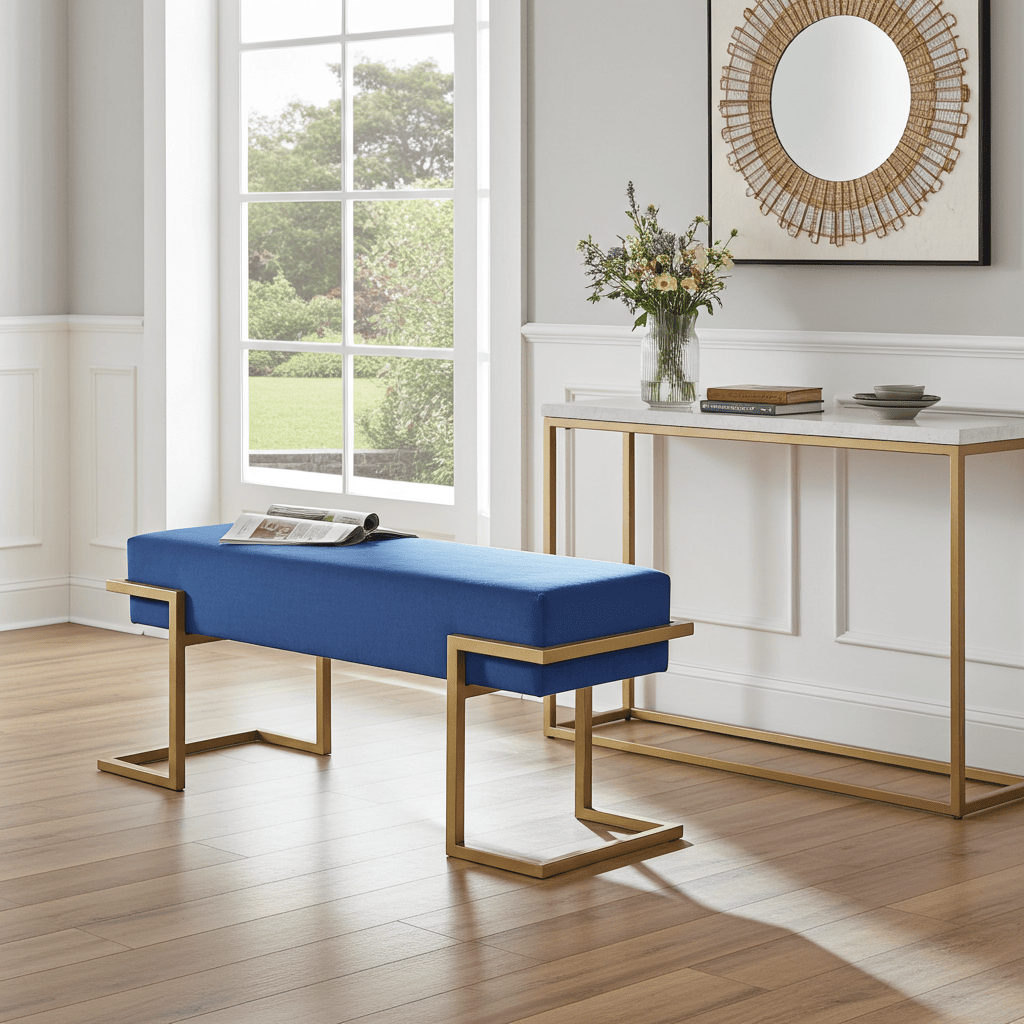 Axon Modern Blue Velvet Bench with Gold Metal Frame