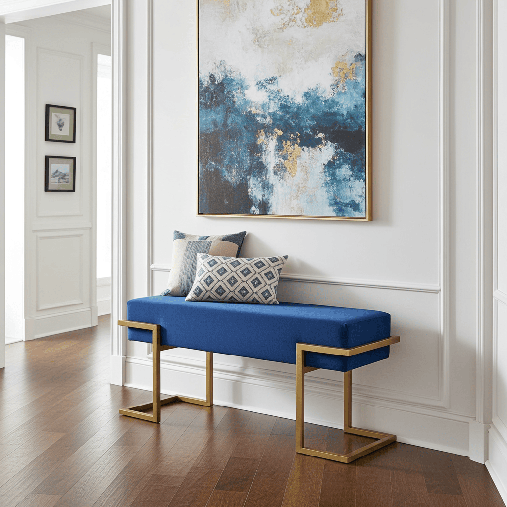 Axon Modern Blue Velvet Bench with Gold Metal Frame