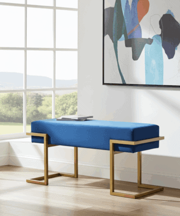 Axon Modern Blue Velvet Bench with Gold Metal Frame