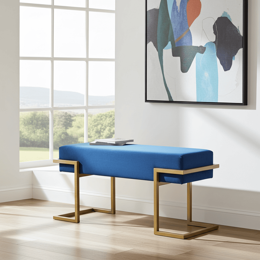 Axon Modern Blue Velvet Bench with Gold Metal Frame