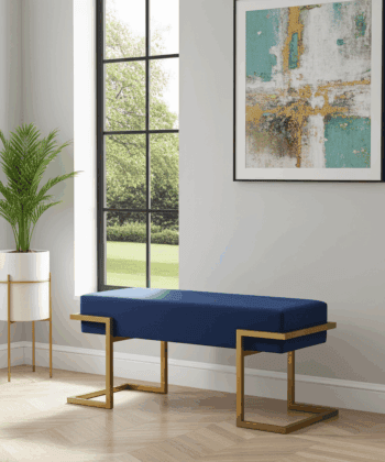 Axon Modern Blue Velvet Bench with Gold Metal Frame