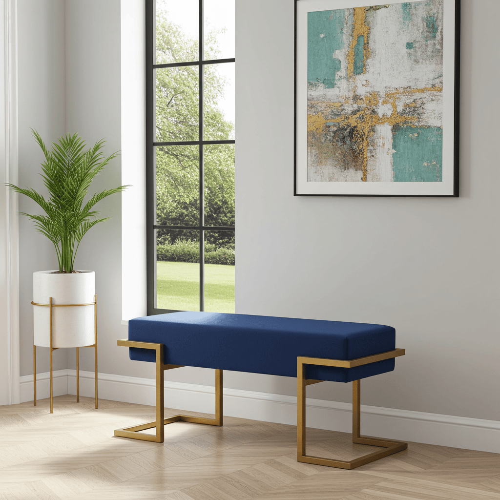 Axon Modern Blue Velvet Bench with Gold Metal Frame