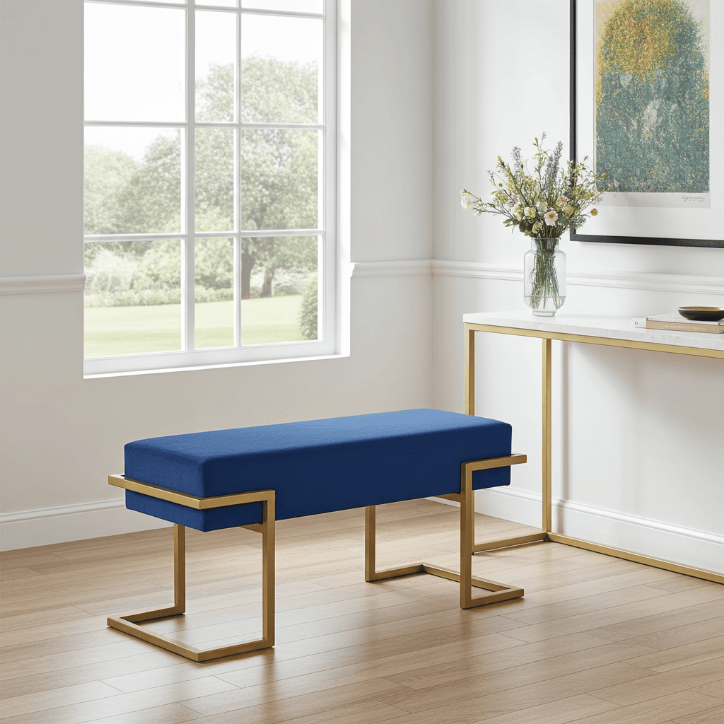 Axon Modern Blue Velvet Bench with Gold Metal Frame
