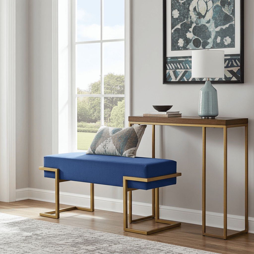 Axon Modern Blue Velvet Bench with Gold Metal Frame