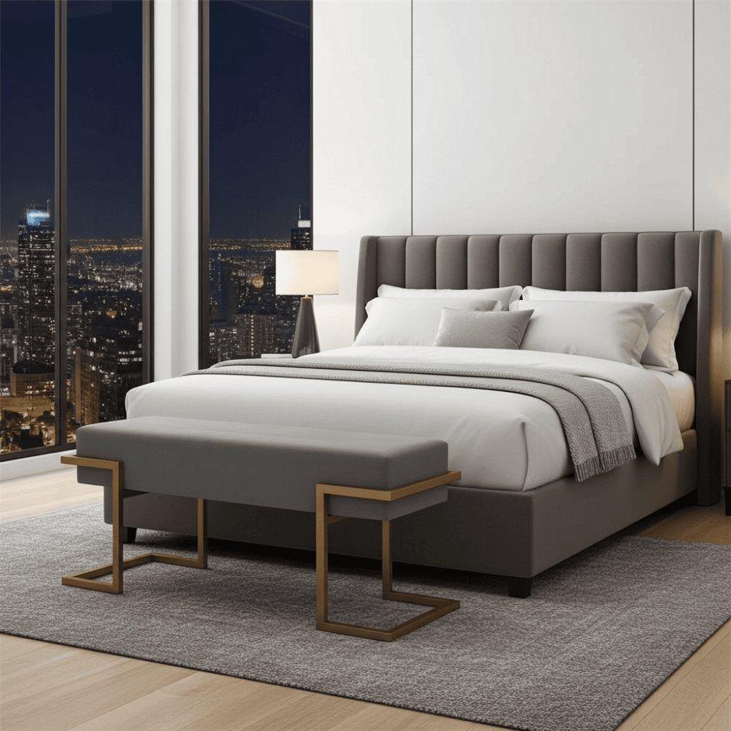 Axon Modern Grey Velvet Bench with Gold Metal Frame