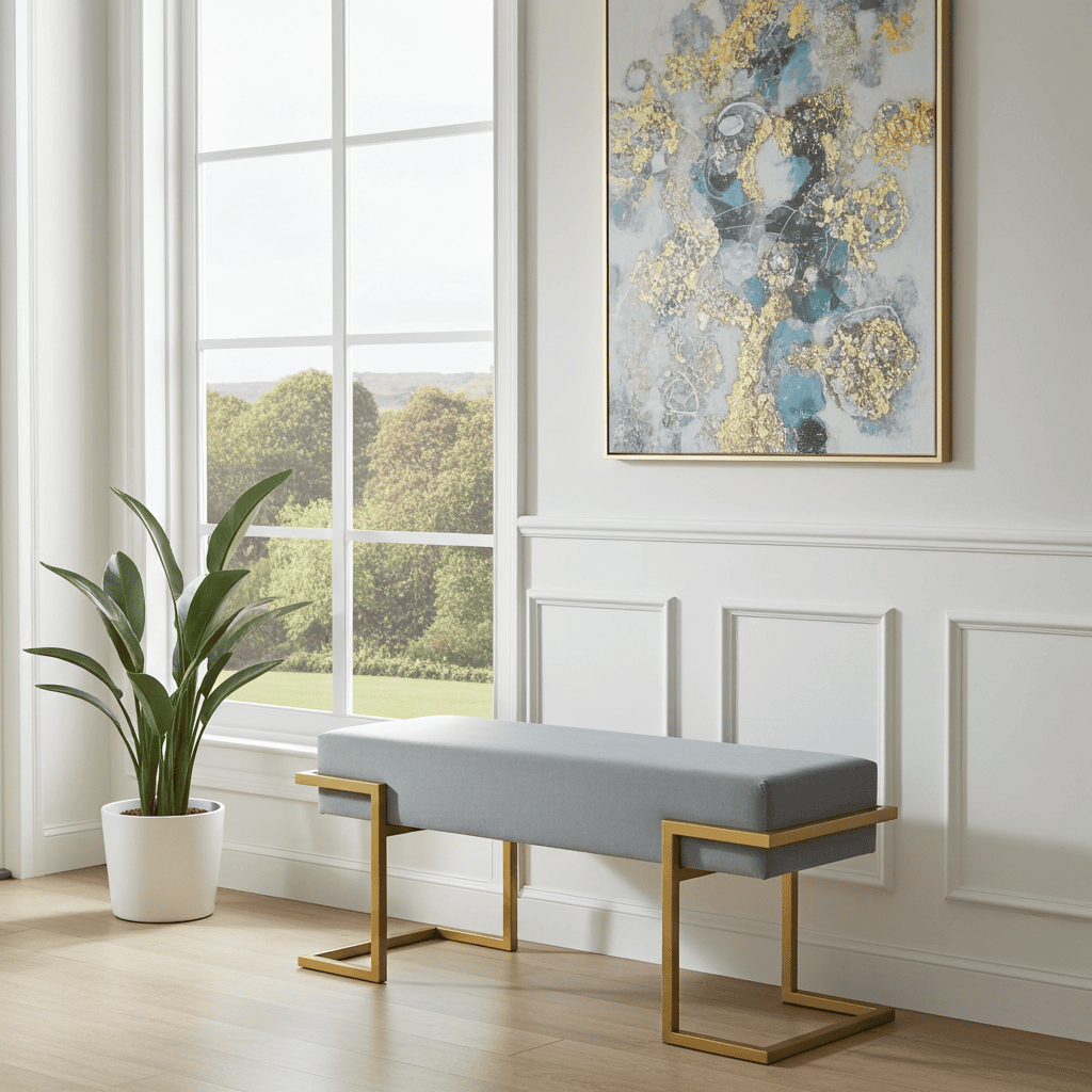 Axon Modern Grey Velvet Bench with Gold Metal Frame