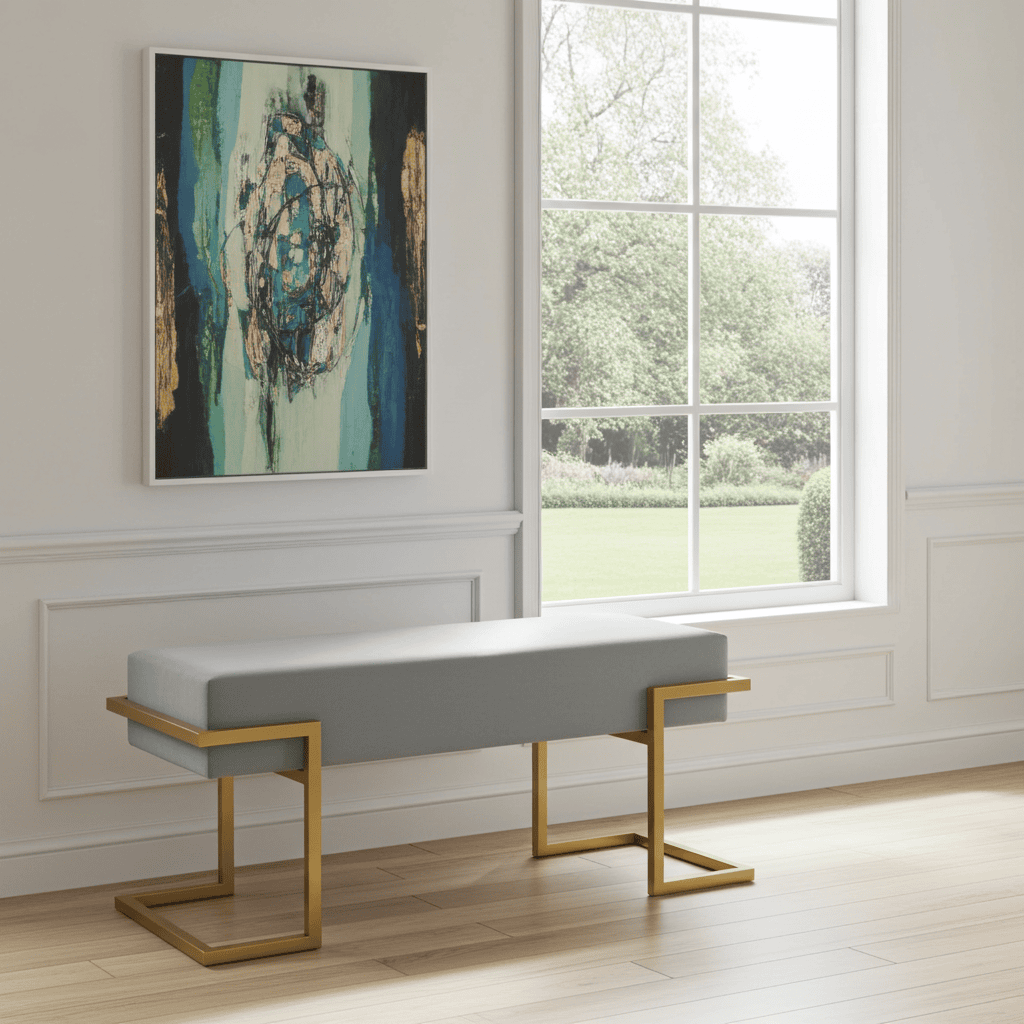Axon Modern Grey Velvet Bench with Gold Metal Frame