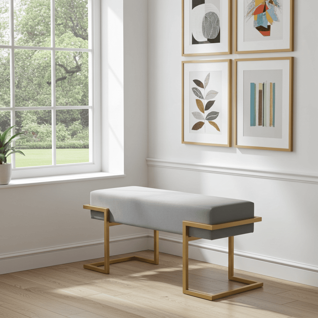 Axon Modern Grey Velvet Bench with Gold Metal Frame