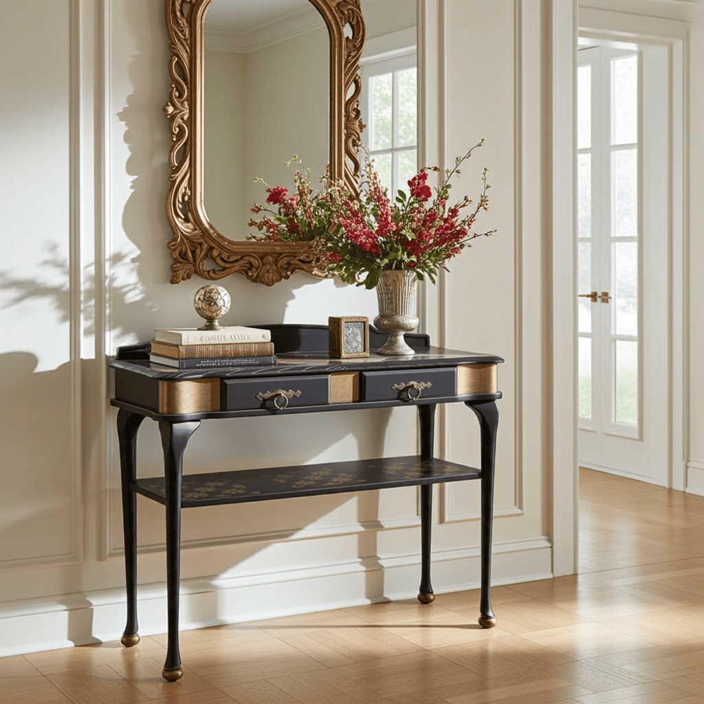 Bespoke Black and Gold Console Table with Kintsugi Art Top