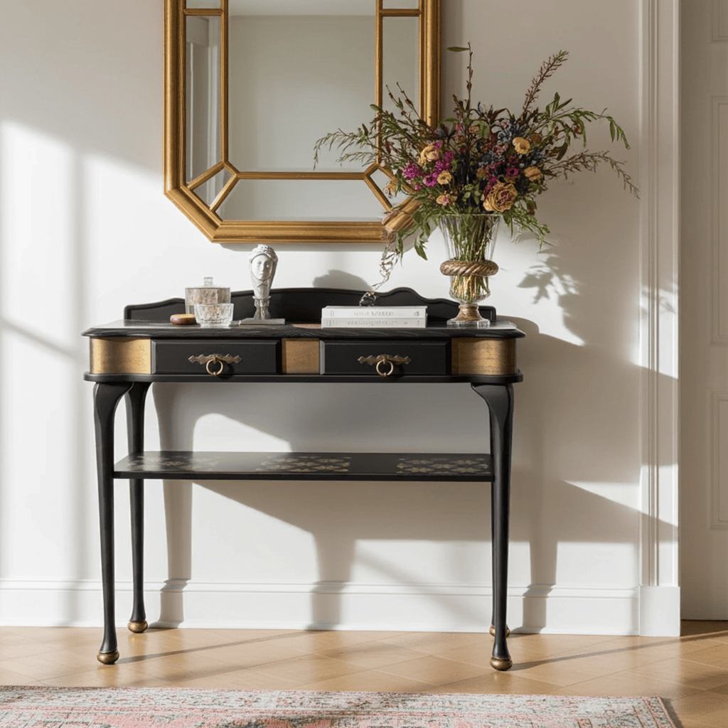 Bespoke Black and Gold Console Table with Kintsugi Art Top