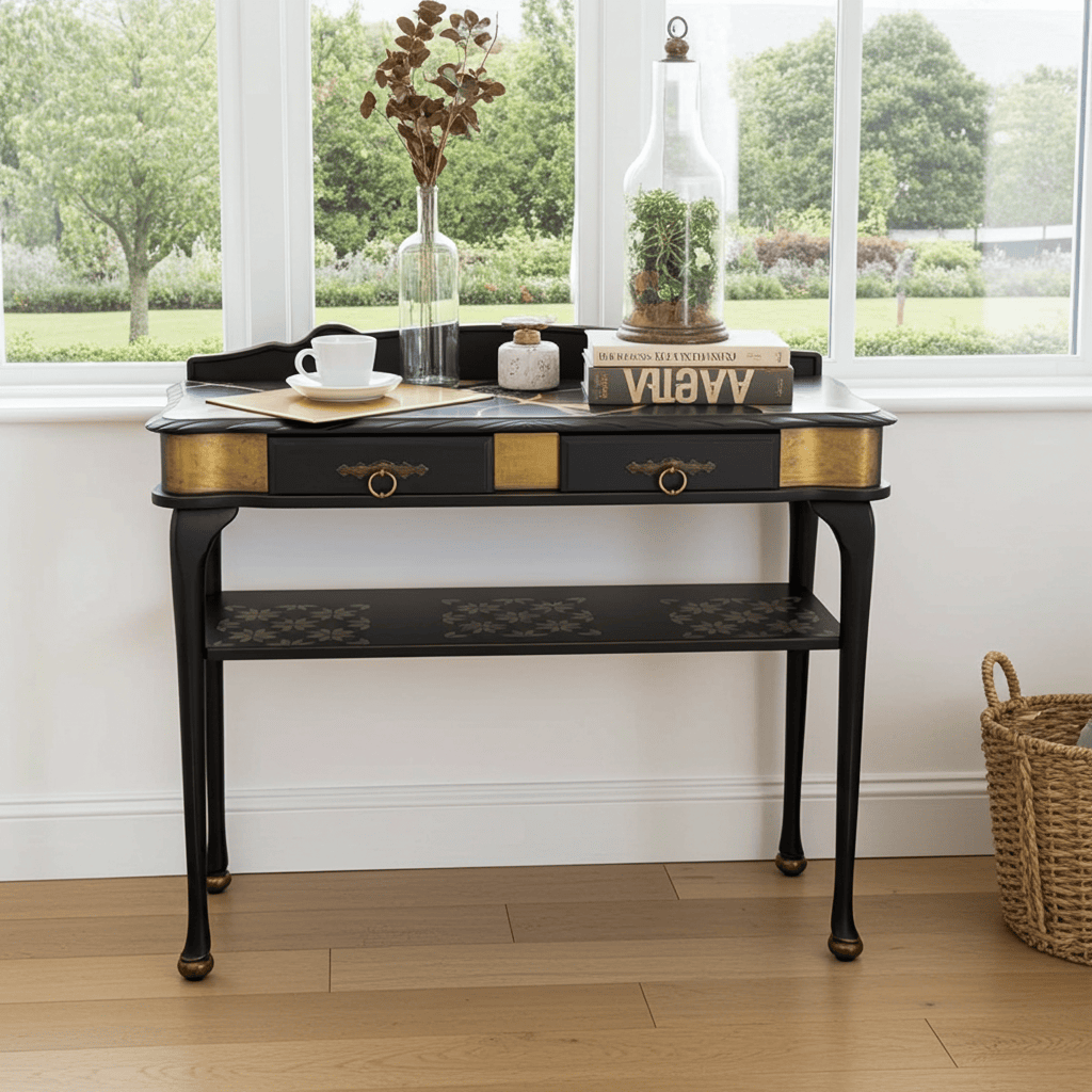 Bespoke Black and Gold Console Table with Kintsugi Art Top