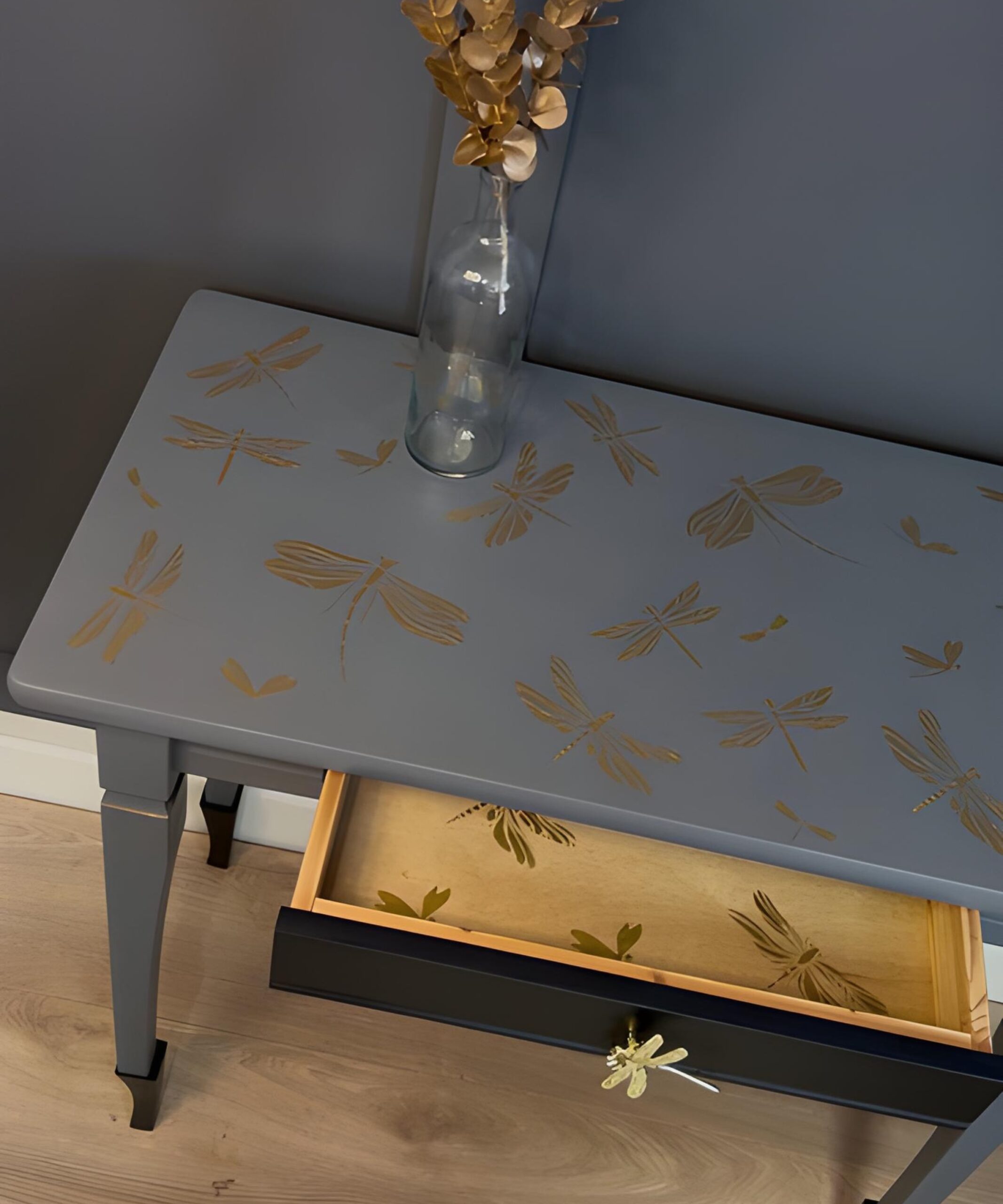 Black & Gold Dragonfly Console Table with Drawer