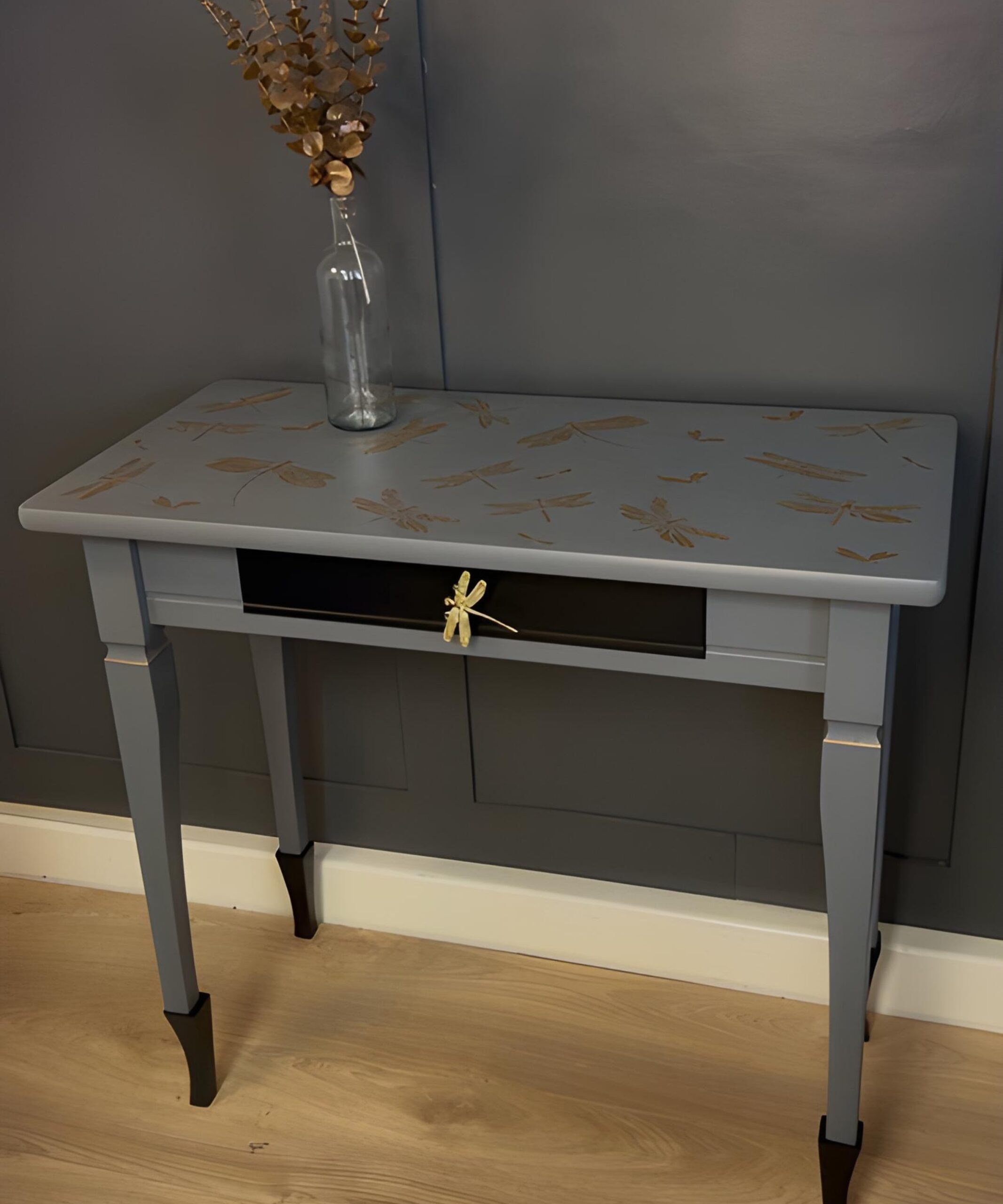 Black & Gold Dragonfly Console Table with Drawer