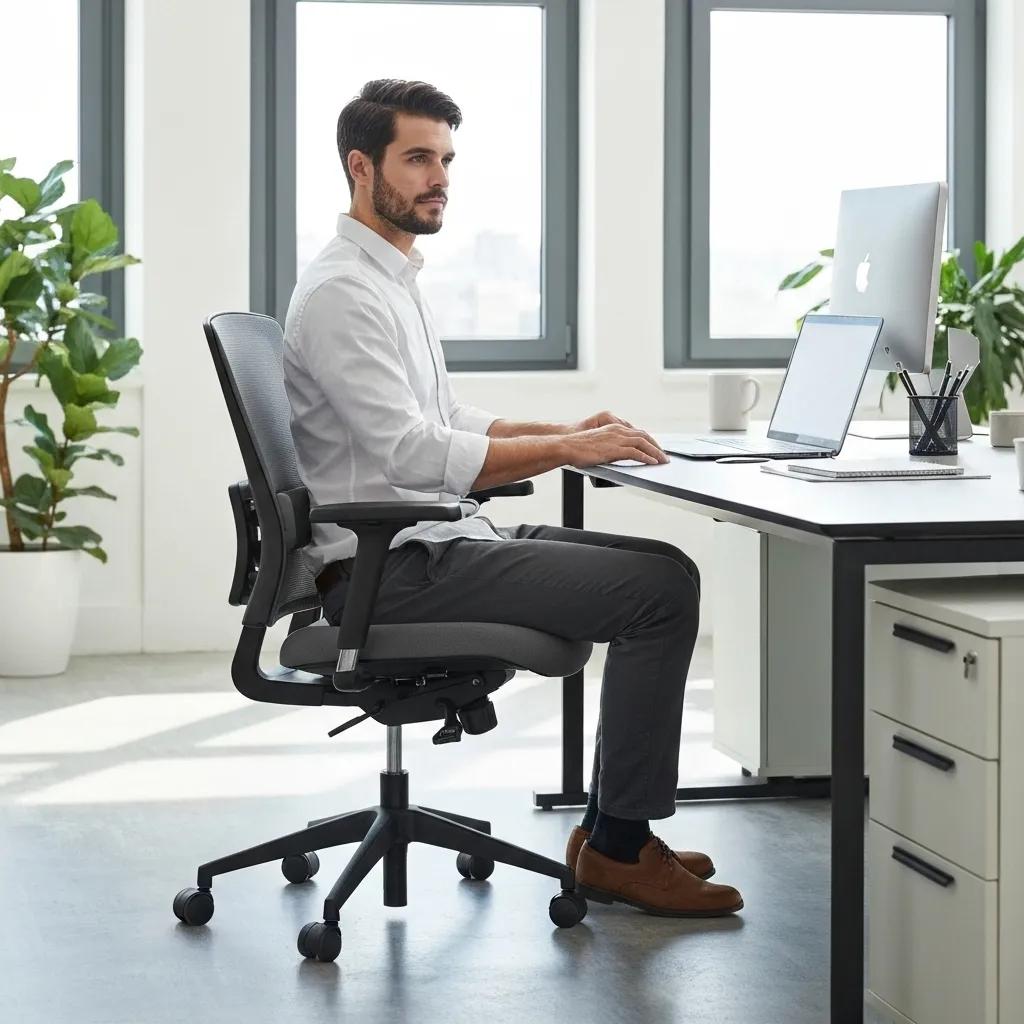 A modern ergonomic office chair positioned in a productive workspace, highlighting comfort and support features