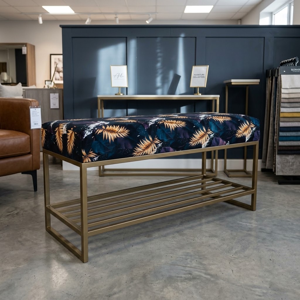 Custom Upholstered Hallway Bench with Metal Shoe Rack (6 Standard Sizes & Bespoke)