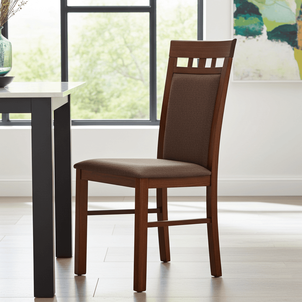 Classic Brown Wooden Dining Chair with Fabric Upholstery