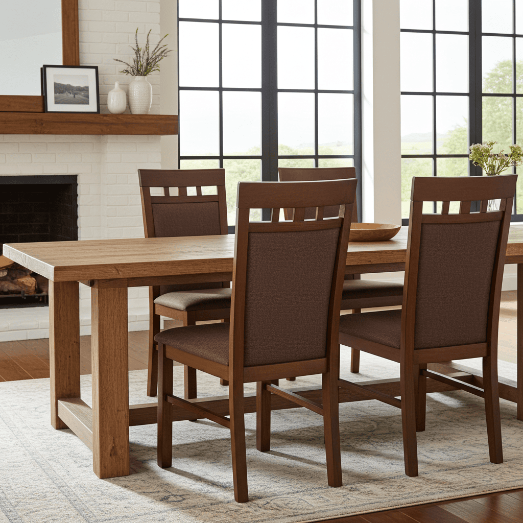 Classic Brown Wooden Dining Chair with Fabric Upholstery