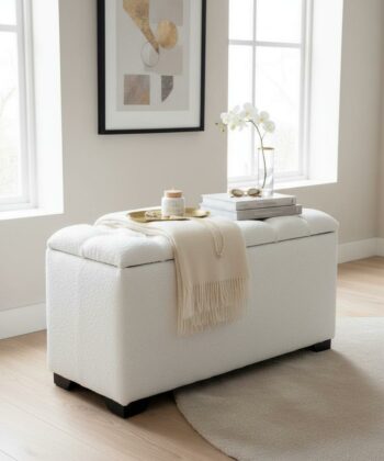 Elegance Bouclé Ottoman with Storage, tufted design, white bouclé fabric, stylish home décor, modern interior setting, accompanied by decorative tray and books.