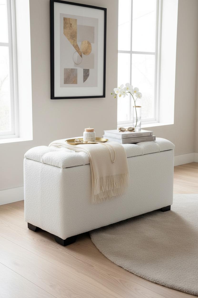 Elegance Bouclé Ottoman with Storage, tufted design, white bouclé fabric, stylish home décor, modern interior setting, accompanied by decorative tray and books.