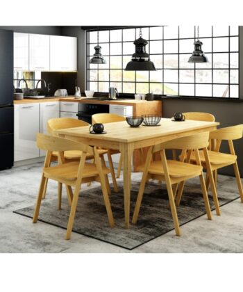 Modern kitchen with wooden dining table and six matching chairs, bright and stylish interior design.