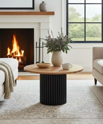 The Luna Modern Coffee Table with Fluted Base - Wotan Oak/Black