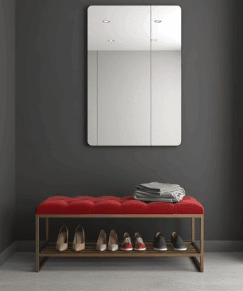 Red Velvet Bench with Gold Metal Shoe Rack