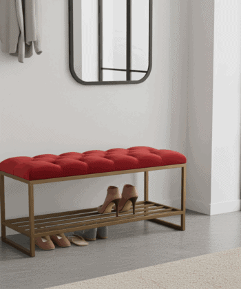 Red Velvet Bench with Gold Metal Shoe Rack