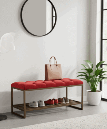 Red Velvet Bench with Gold Metal Shoe Rack