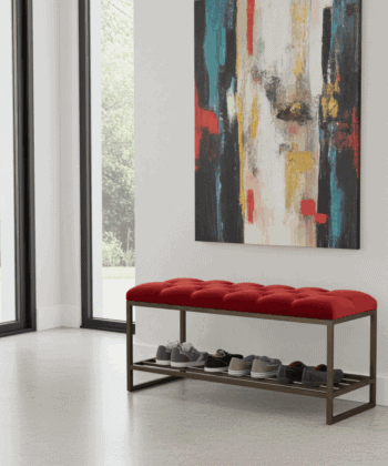 Red Velvet Bench with Gold Metal Shoe Rack