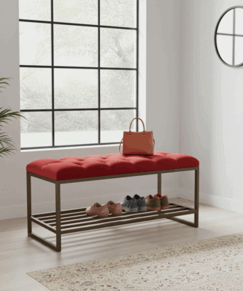 Red Velvet Bench with Gold Metal Shoe Rack