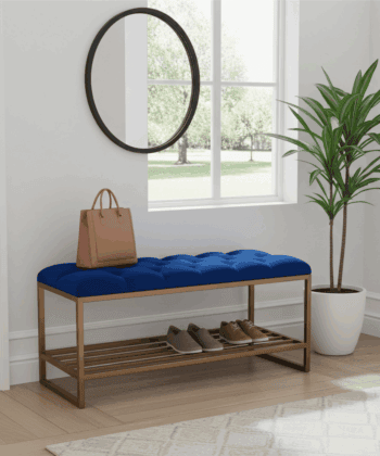 Royal Blue Velvet Bench with Gold Metal Shoe Rack