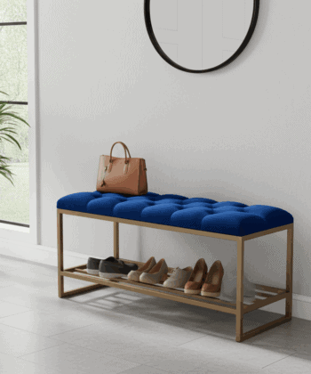 Royal Blue Velvet Bench with Gold Metal Shoe Rack