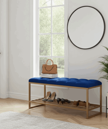 Royal Blue Velvet Bench with Gold Metal Shoe Rack