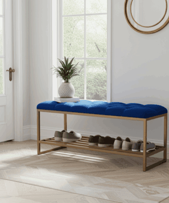 Royal Blue Velvet Bench with Gold Metal Shoe Rack