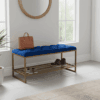 Royal Blue Velvet Bench with Gold Metal Shoe Rack