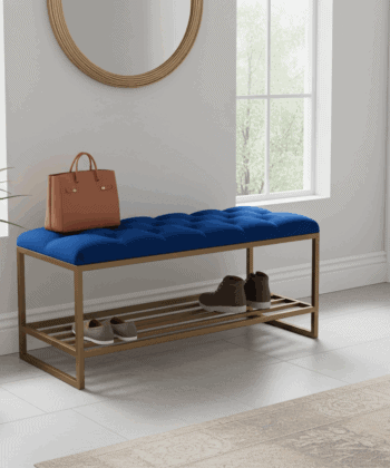 Royal Blue Velvet Bench with Gold Metal Shoe Rack
