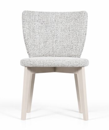 Soft fabric upholstered chair with wooden legs, modern and stylish design.