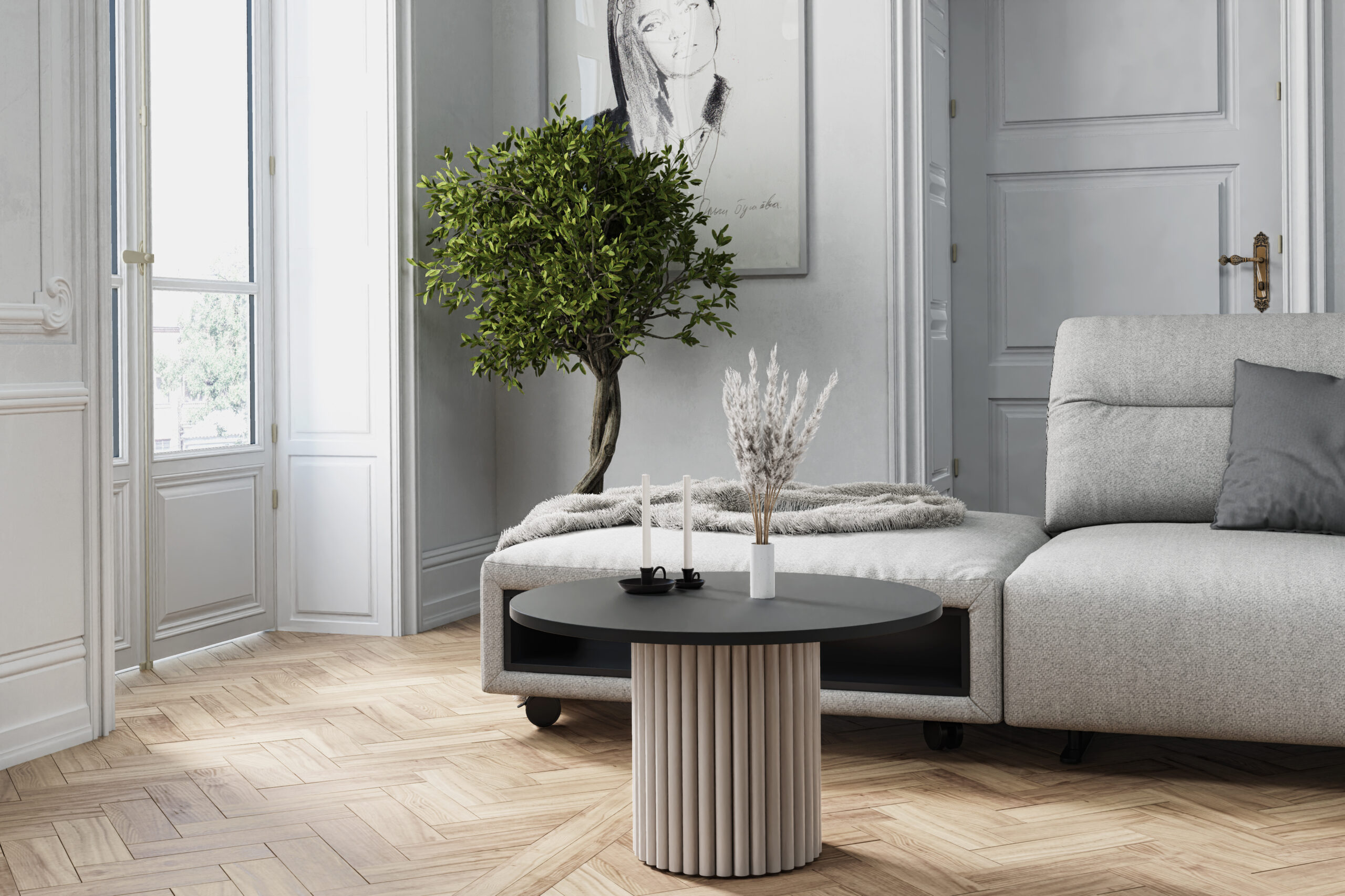The Luna Modern Coffee Table with Fluted Base - White/Black