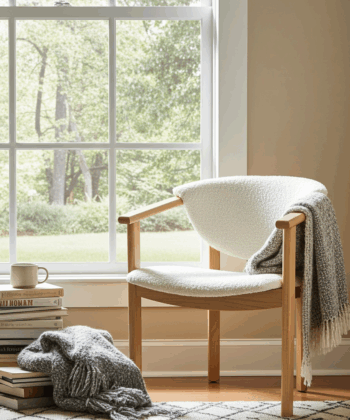 Beech Wood Upholstered Armchair — Curved Back, Padded Boucle Seat