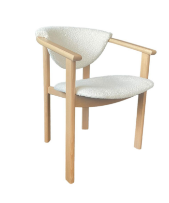 Beech Wood Upholstered Armchair — Curved Back, Padded Boucle Seat