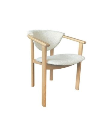 Beech Wood Upholstered Armchair — Curved Back, Padded Boucle Seat