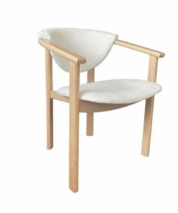 Beech Wood Upholstered Armchair — Curved Back, Padded Boucle Seat
